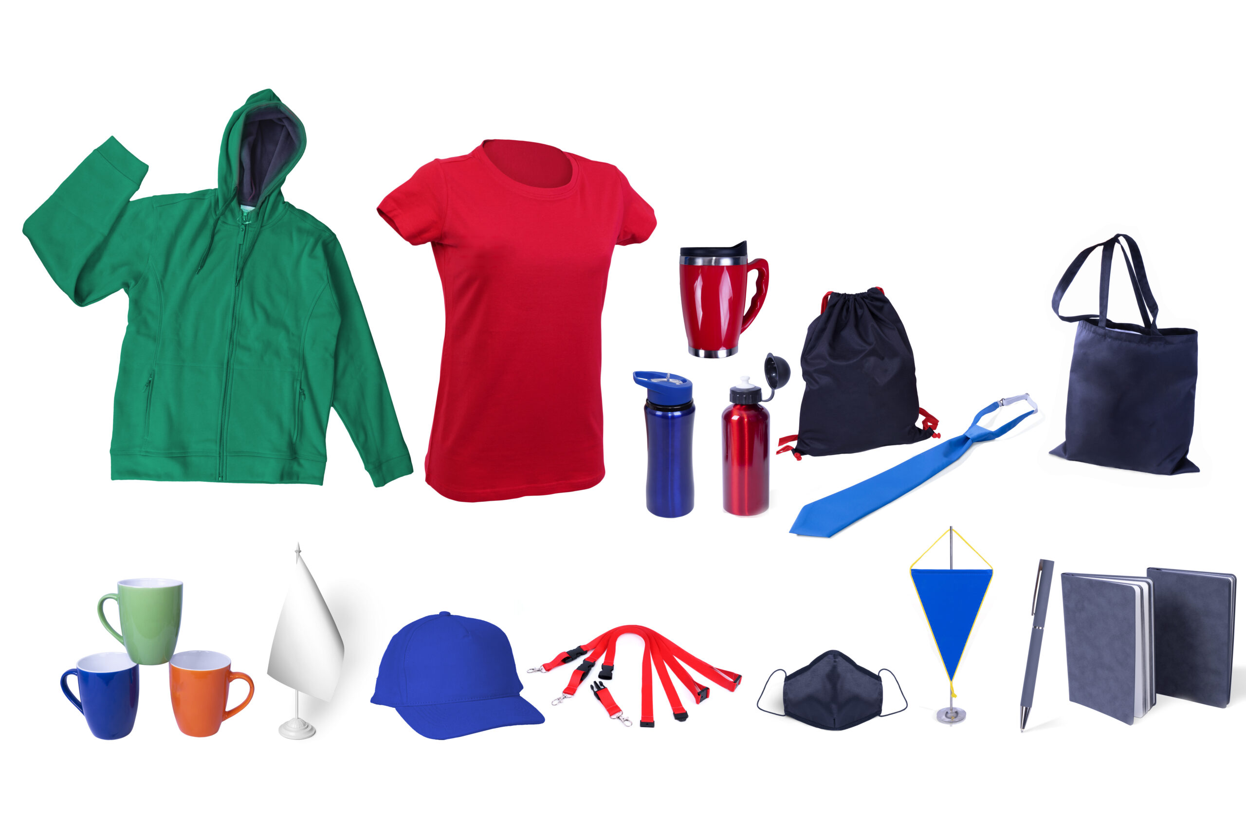 Promo products-Thermo cups-T-shirt-Hoodie sweatshirt-tie-pen-notebook paper-Lanyards Neck Strap-Mask covid-19-cap-cups tea-tote bag-Pennant-backpack-Table flag-Isolated over white. custom printed promotional merchandise